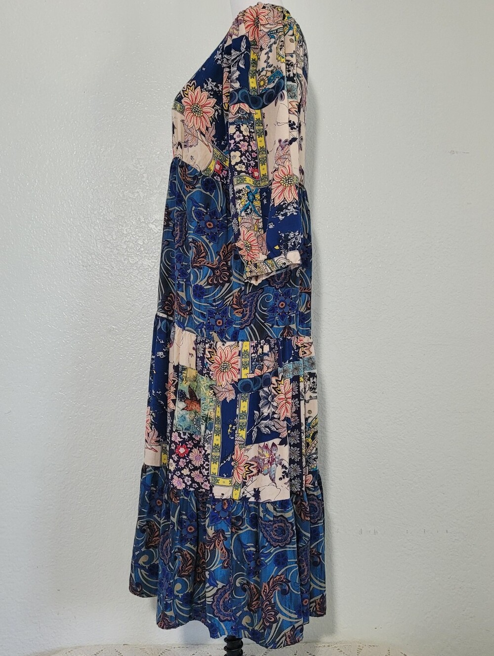 GiGiO Midnight Blue Mixed Print Tiered Floral Paisley Peasant Midi Dress Small - Picture 4 of 12
